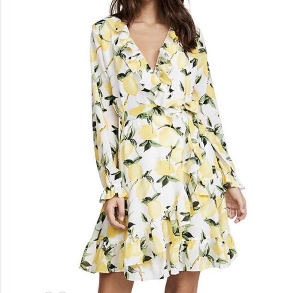Ella Moon Lemon Print Wrap Dress S Ruffle Tie Italy Coquette Resort Feminine